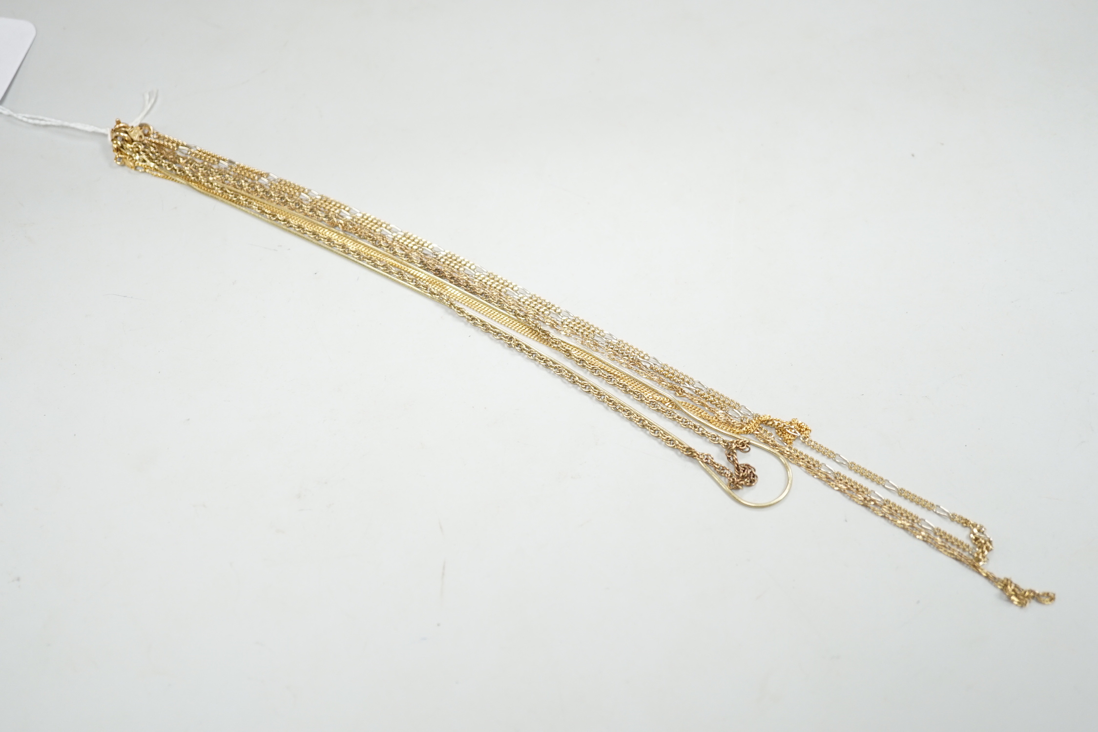 Five assorted modern 9ct gold chains including one two colour, longest 55cm, 16.6 grams.